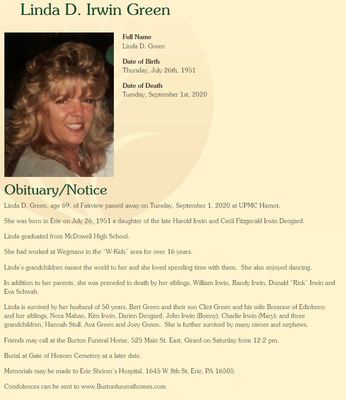 Linda D. Irwin Green
Linda D. Green, age 69, of Fairview passed away on Tuesday, September 1, 2020 at UPMC Hamot.

She was born in Erie on July 26, 1951 a daughter of the late Harold Irwin and Cecil Fitzgerald Irwin Deogard.

Linda graduated from McDowell High School. 

She had worked at Wegmans in the “W-Kids” area for over 16 years.

Linda’s grandchildren meant the world to her and she loved spending time with them.  She also enjoyed dancing.

In addition to her parents, she was preceded in death by her siblings, William Irwi
